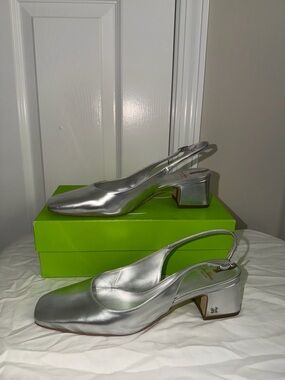 Sam Edelman Metallic Silver Slingback Block Heel Pumps